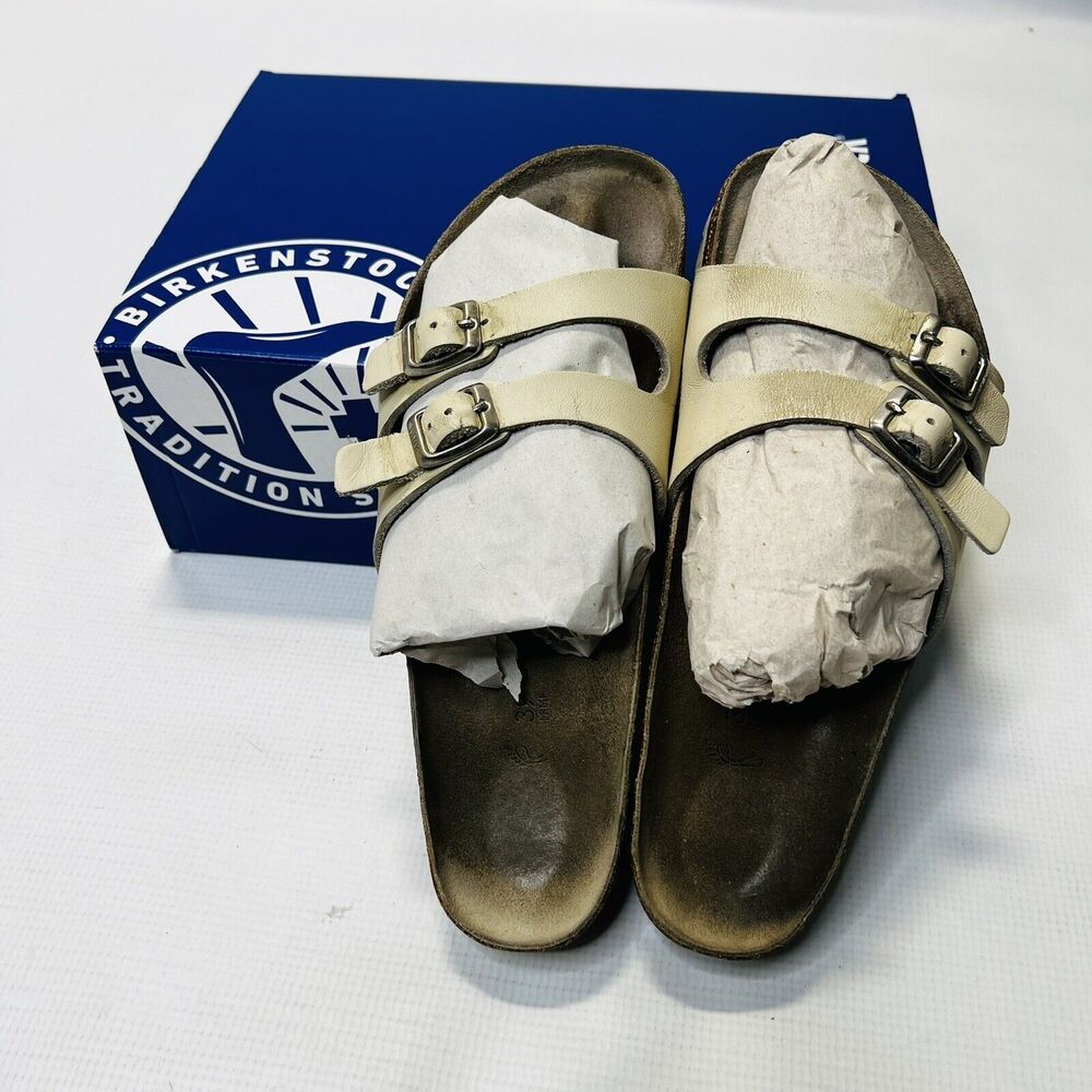 Birkenstock Unisex Ibiza Cream Leather Slip On Sandals Size EU 39 L8 M6